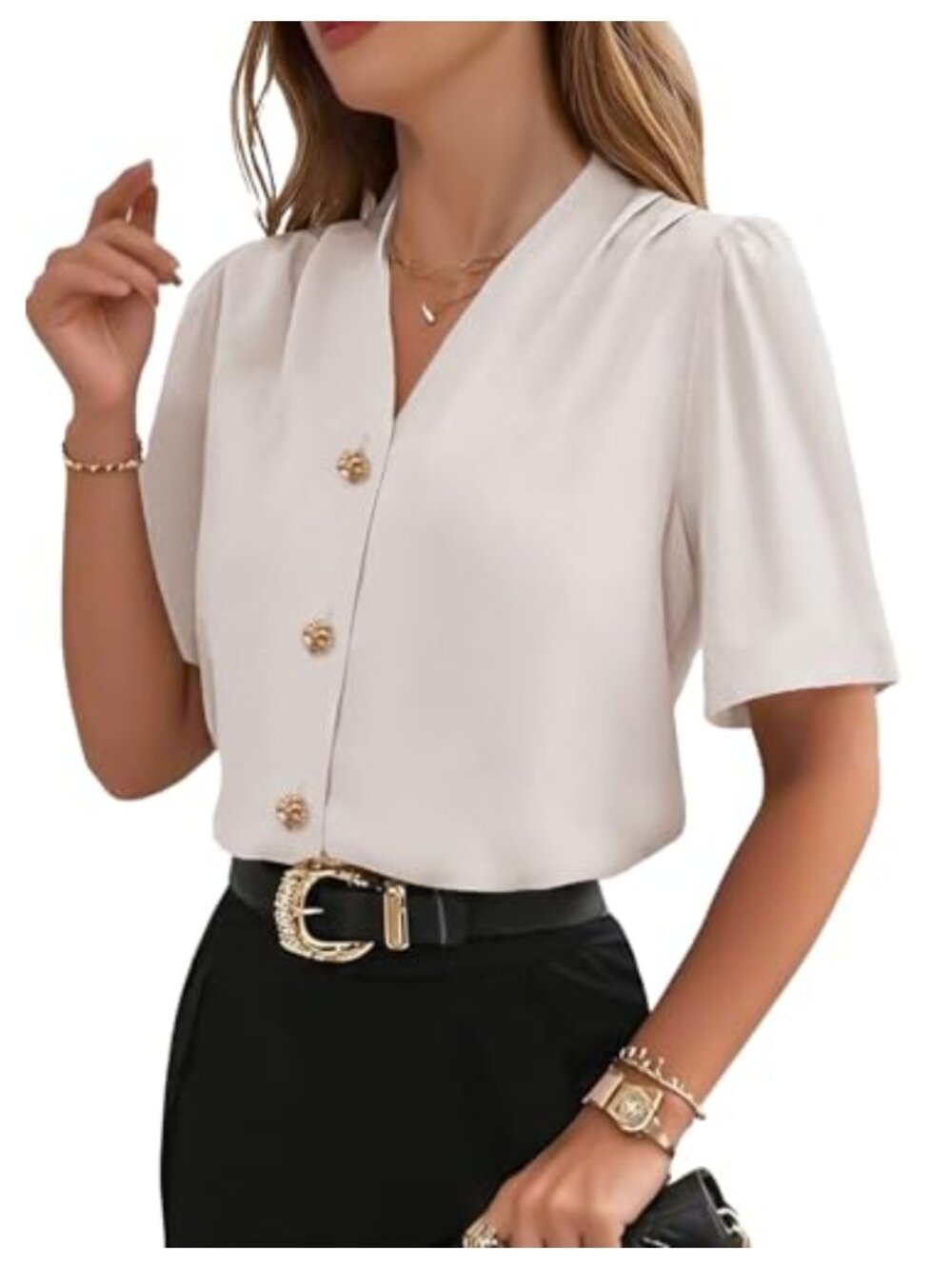 Women's Short Sleeve Button Down Blouse V-Neck